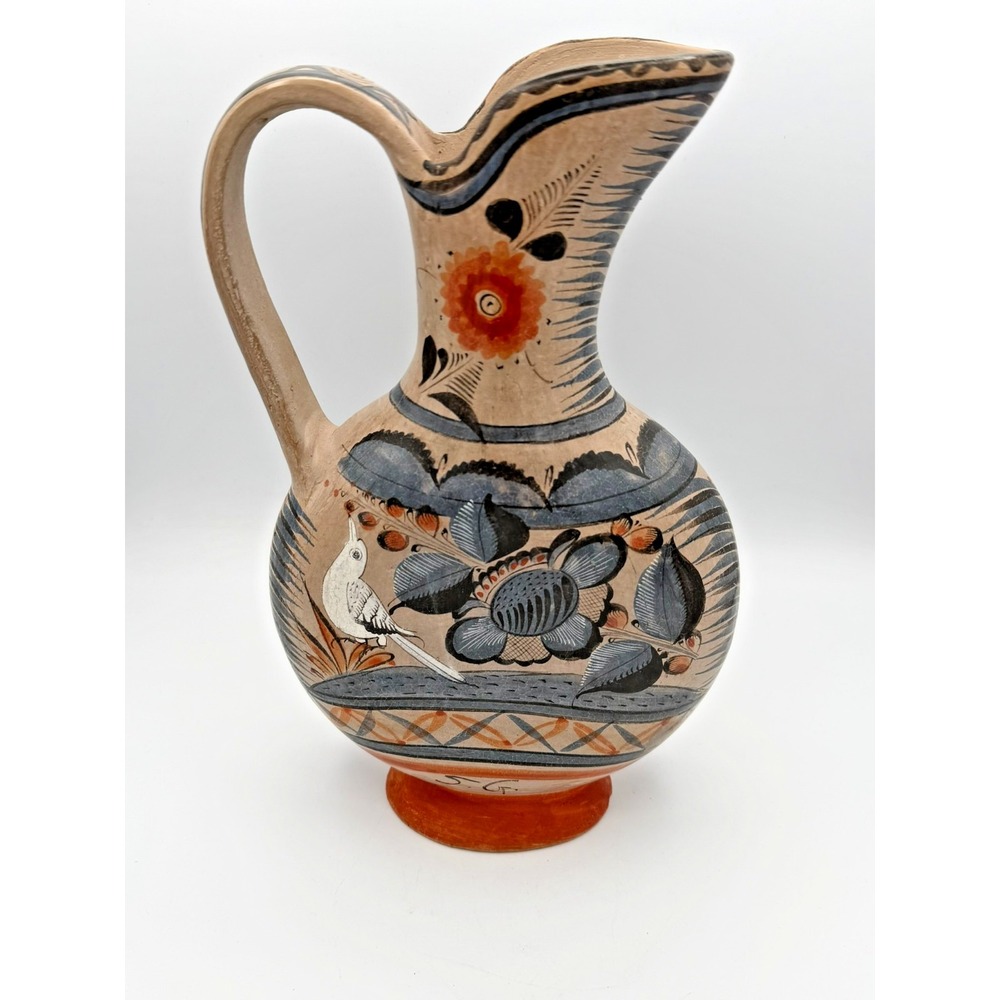 Vintage Tonala Mexican Pottery Pitcher Bird Floral Folk Art 11" Painted Signed